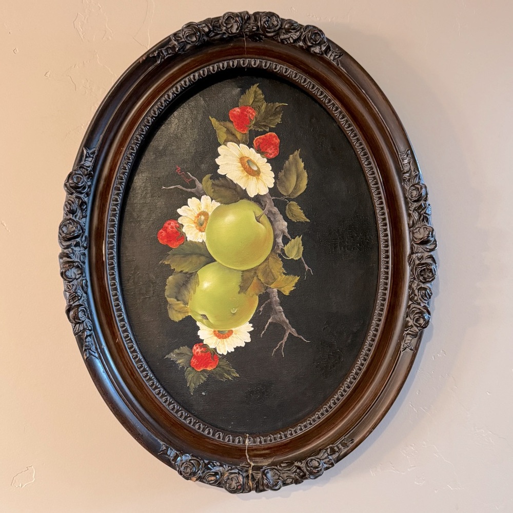 Vintage Ornate Oval Framed Original Oil Painting Apple Strawberry Fruit Floral - Picture 17 of 17